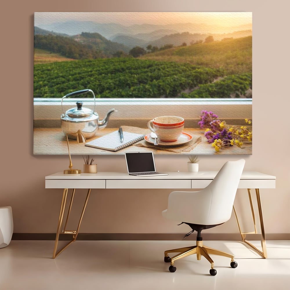 Tablou canvas cu tablou canvas cu peisaj matinal si ceainic pe pervaz, fara rama, pe sasiu de lemn, pe perete intr-un birou